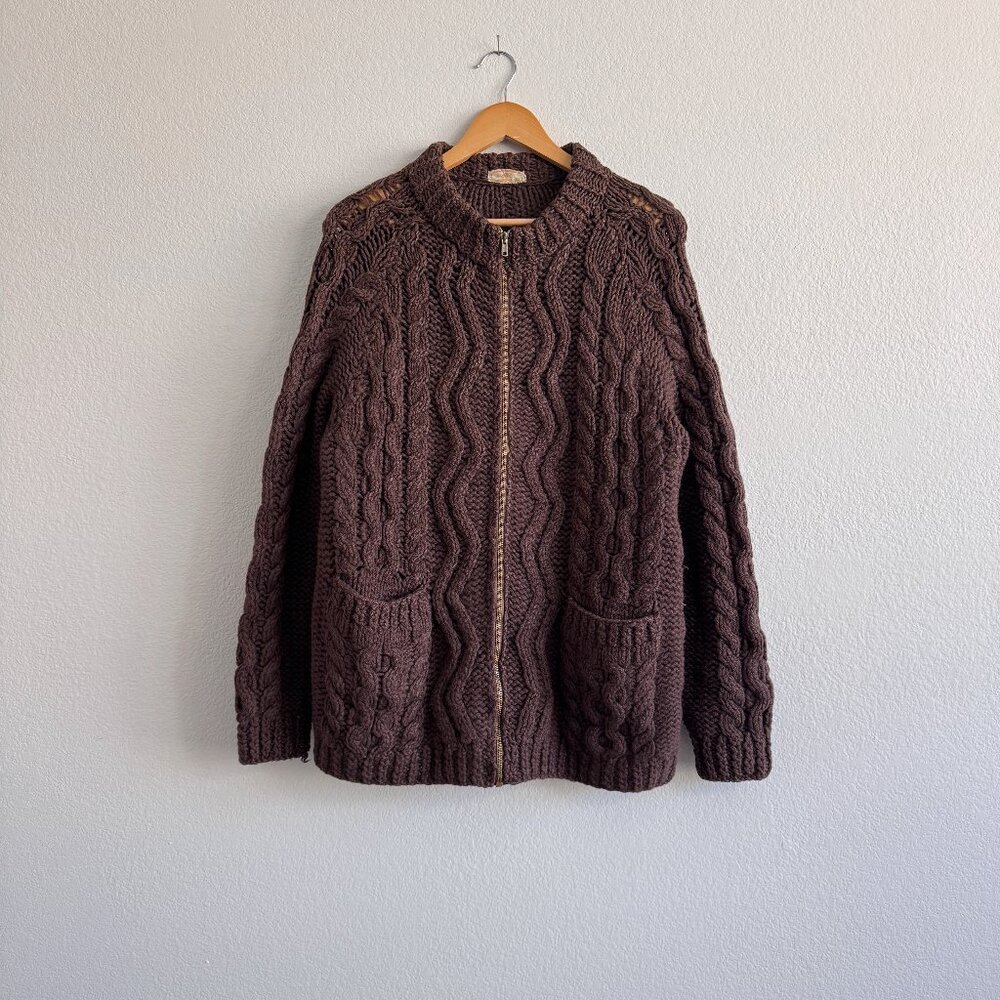 Vintage Unique Hand Knit Brown Zippered Fisherman Knit Cardigan - XS-M